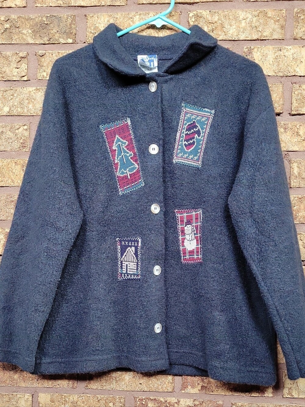 Vintage 90s Fleece Button Cardigan Jacket Patchwork Embroidered Festive Size L